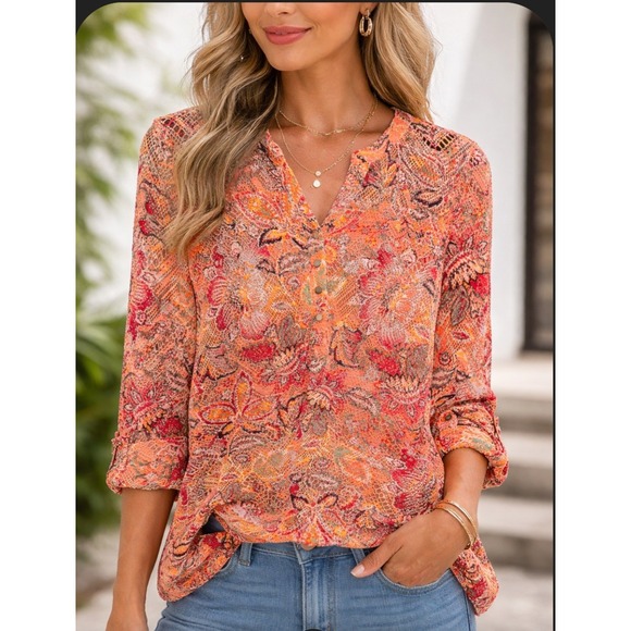 Cato Tops - Cato Women Orange Floral Paisley Lace Henley Blouse Roll Tab 3/4 Sleeve Large